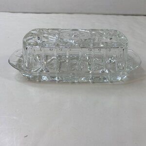 Anchor Hocking Clear Crystal Glass Butter Dish Lid Etched Star of David Vintage